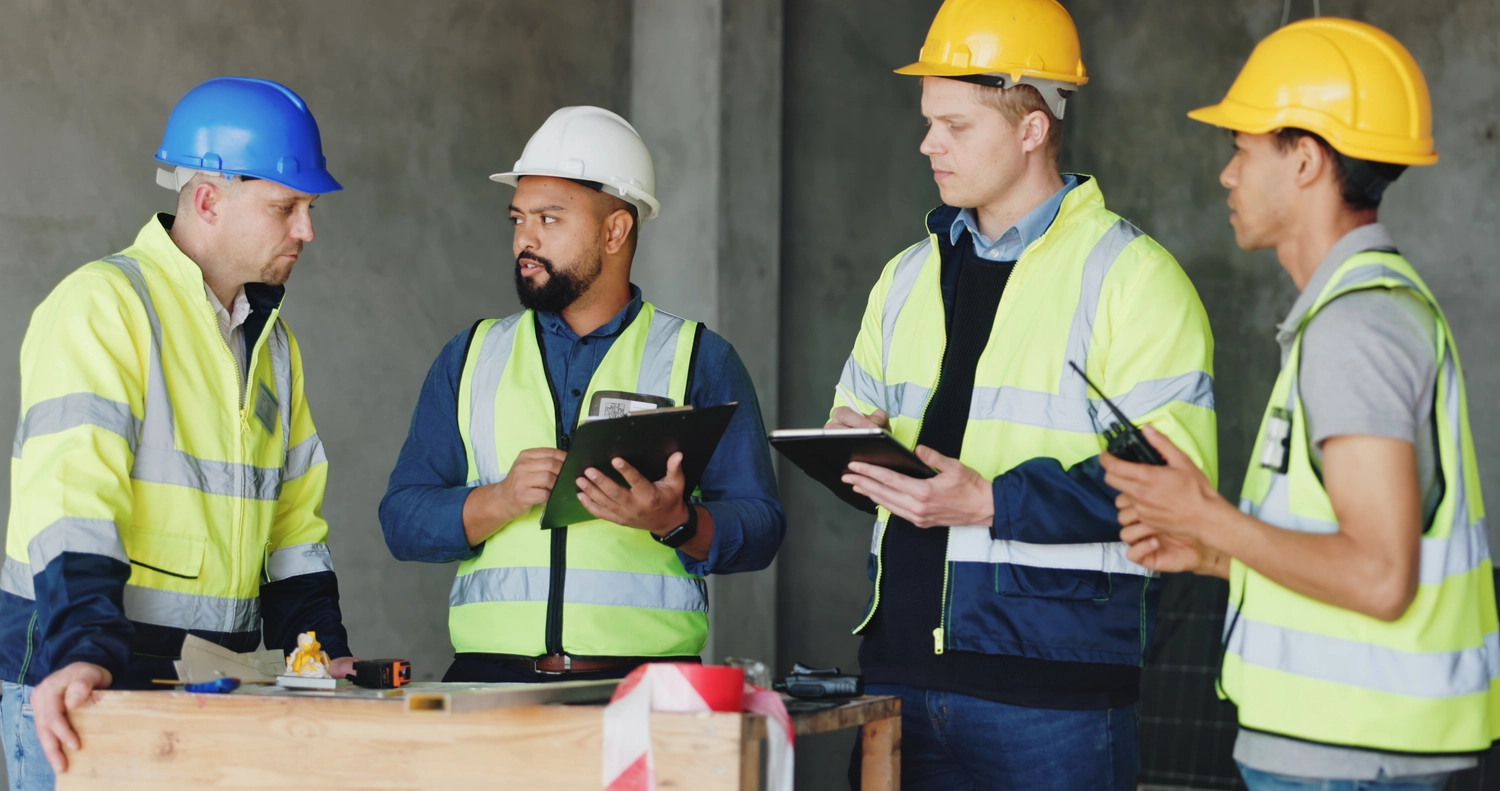 Habitat Pro GmbH - Renovierungsservice - Mann, Checkliste und Gruppe auf der Baustelle für Besprechung, Überprüfung und Planung des Renovierungsprojekts.